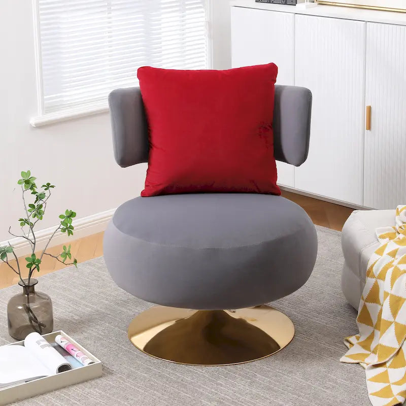 Fauteuil pivotant rembourré avec base en métal doré et dossier enveloppant