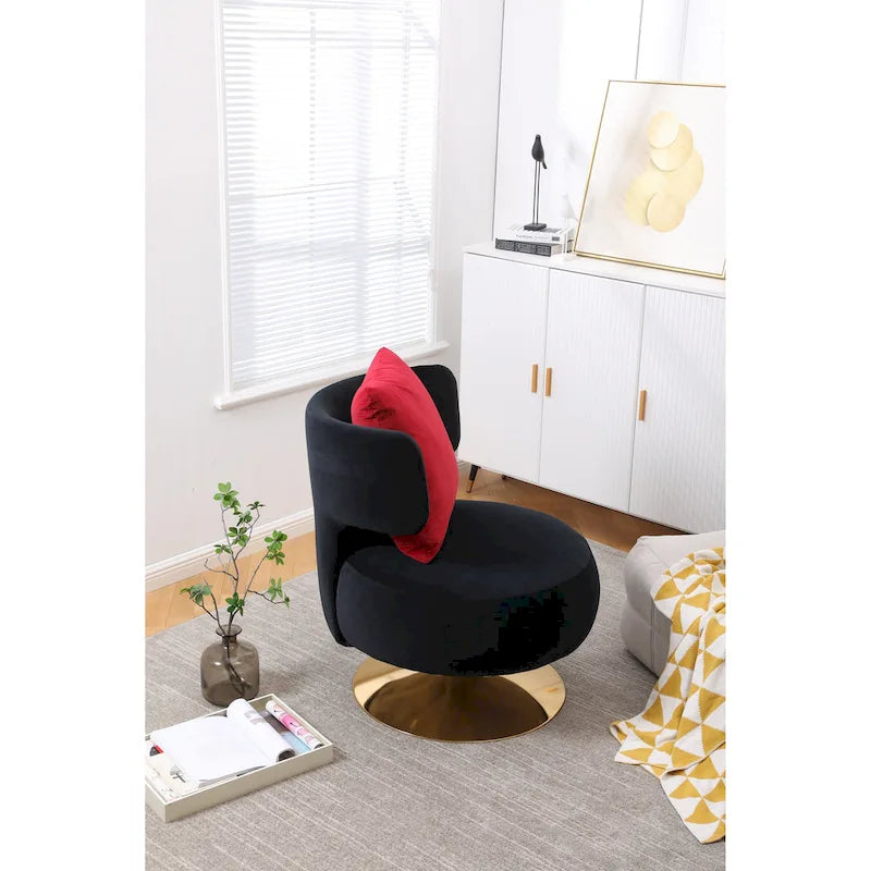 Fauteuil pivotant rembourré avec base en métal doré et dossier enveloppant