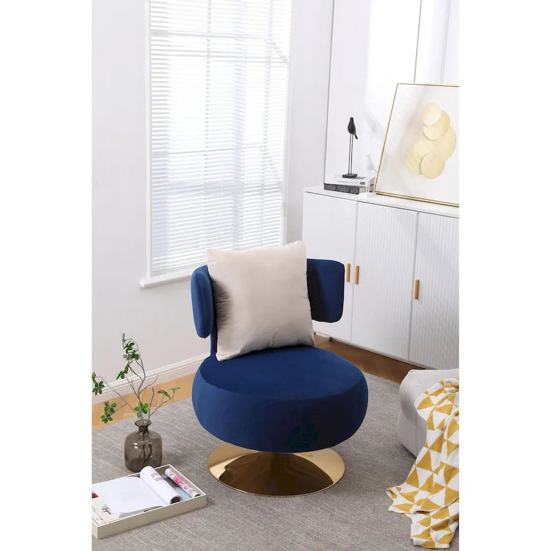 Fauteuil pivotant rembourré avec base en métal doré et dossier enveloppant