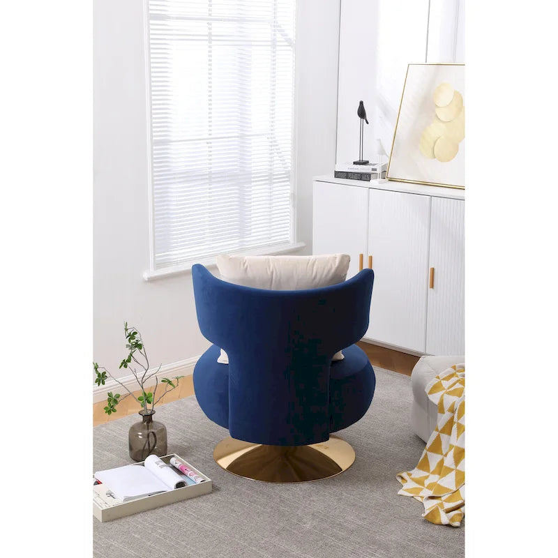 Fauteuil pivotant rembourré avec base en métal doré et dossier enveloppant