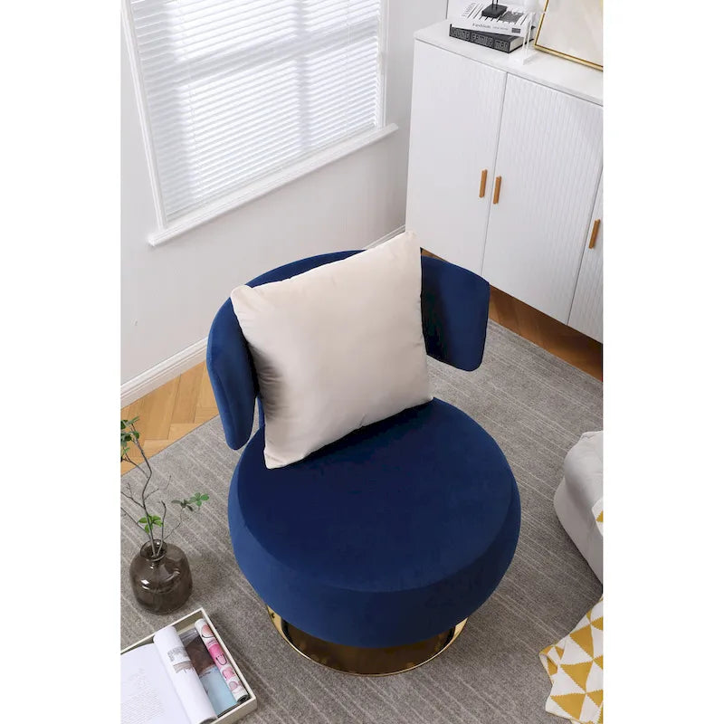 Fauteuil pivotant rembourré avec base en métal doré et dossier enveloppant