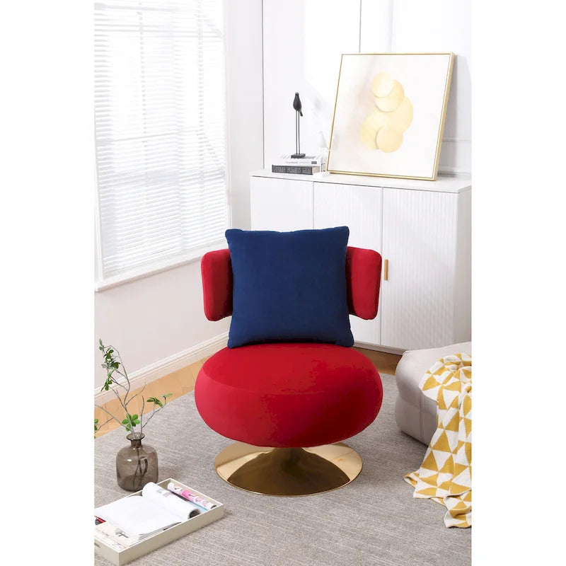 Fauteuil pivotant rembourré avec base en métal doré et dossier enveloppant