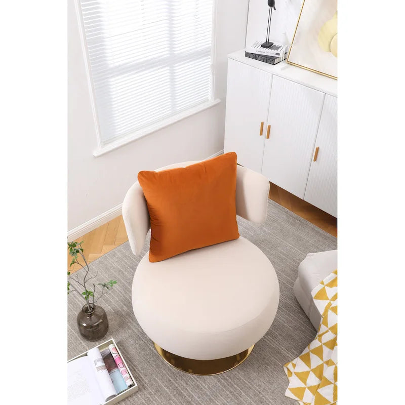 Fauteuil pivotant rembourré avec base en métal doré et dossier enveloppant