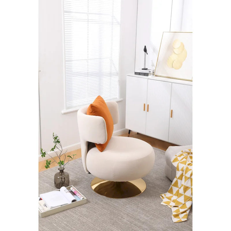 Fauteuil pivotant rembourré avec base en métal doré et dossier enveloppant