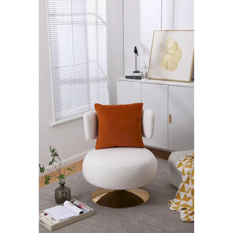 Fauteuil pivotant rembourré avec base en métal doré et dossier enveloppant