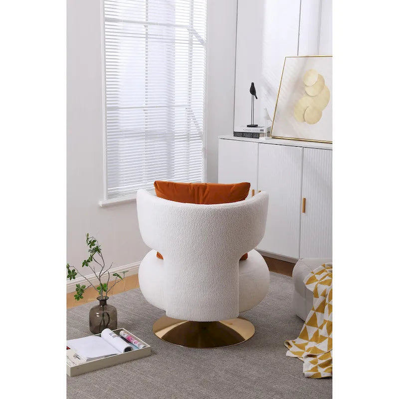 Fauteuil pivotant rembourré avec base en métal doré et dossier enveloppant