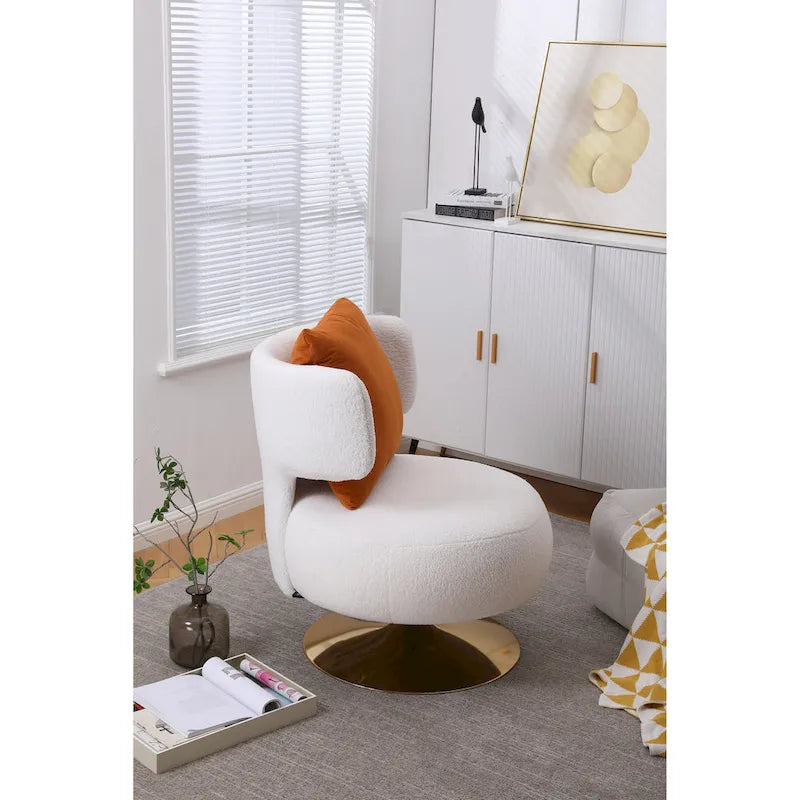 Fauteuil pivotant rembourré avec base en métal doré et dossier enveloppant