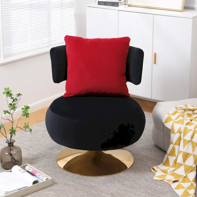 Fauteuil pivotant rembourré avec base en métal doré et dossier enveloppant