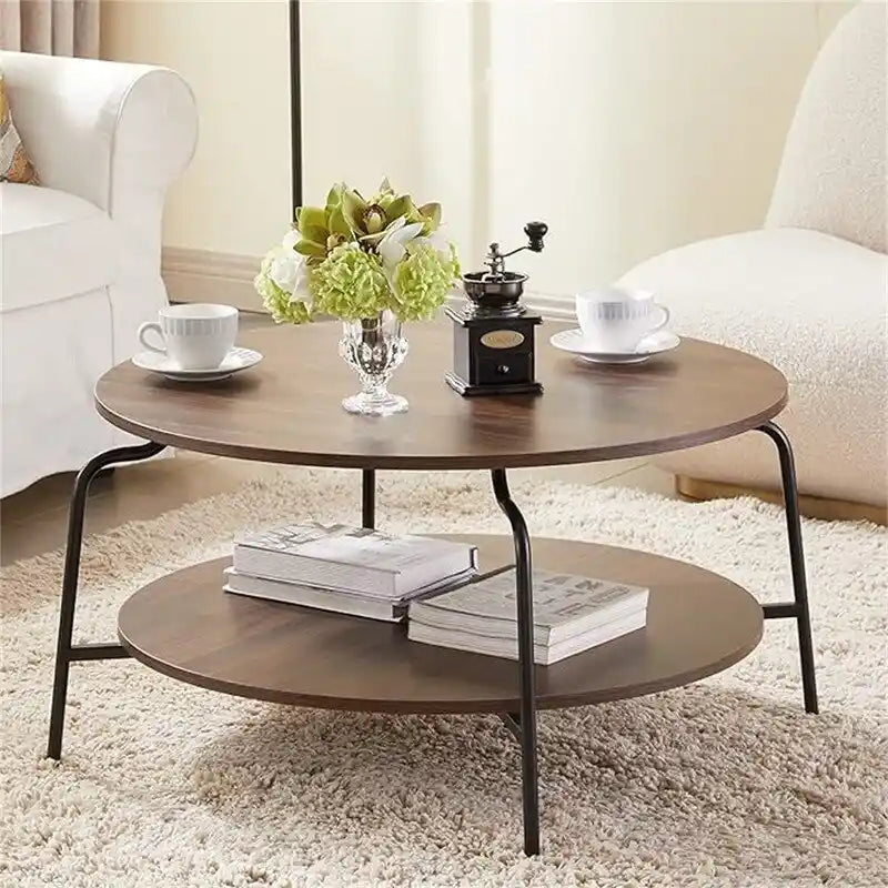 Table basse rectangulaire en bois de noyer à deux niveaux avec étagère de rangement inférieure