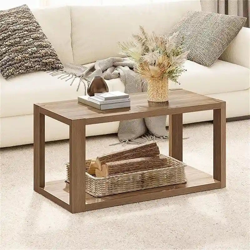 Table basse rectangulaire en bois de noyer à deux niveaux avec étagère de rangement inférieure