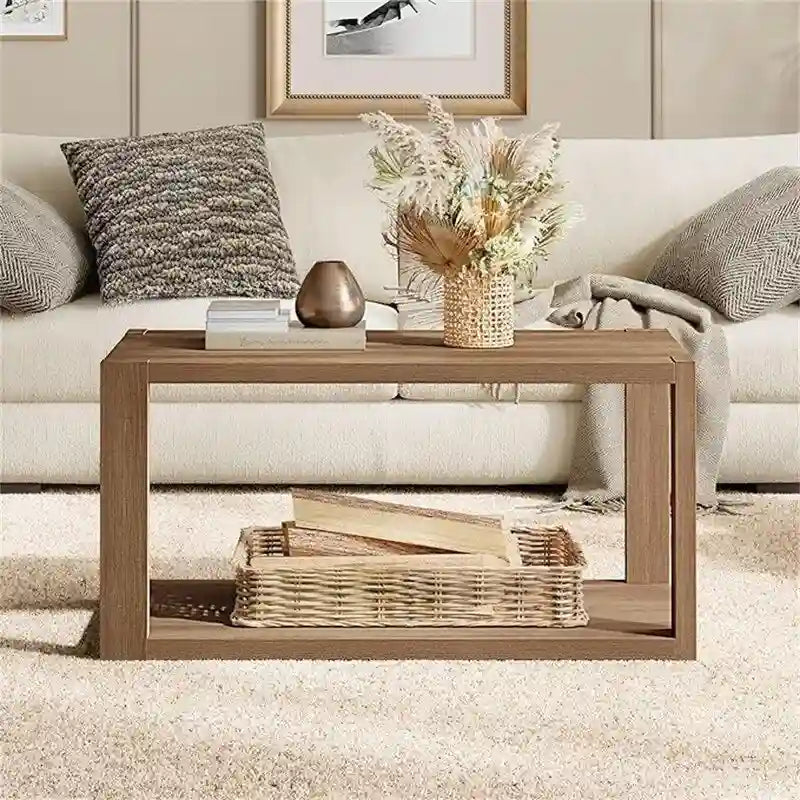 Table basse rectangulaire en bois de noyer à deux niveaux avec étagère de rangement inférieure