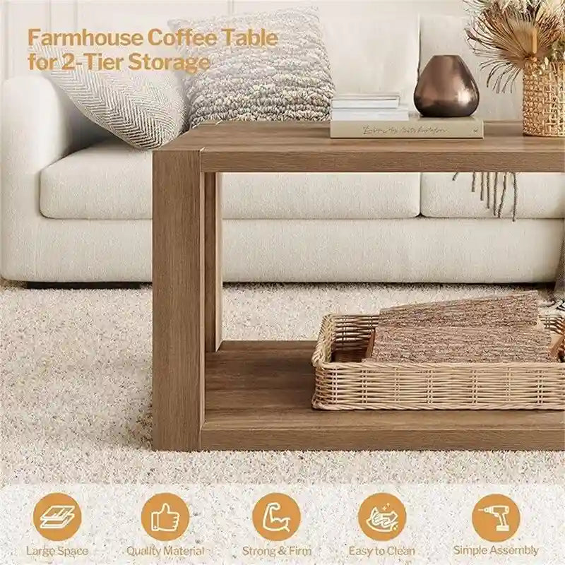 Table basse rectangulaire en bois de noyer à deux niveaux avec étagère de rangement inférieure