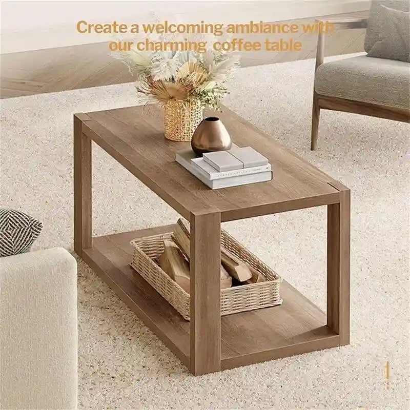 Table basse rectangulaire en bois de noyer à deux niveaux avec étagère de rangement inférieure