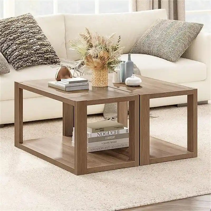 Table basse rectangulaire en bois de noyer à deux niveaux avec étagère de rangement inférieure