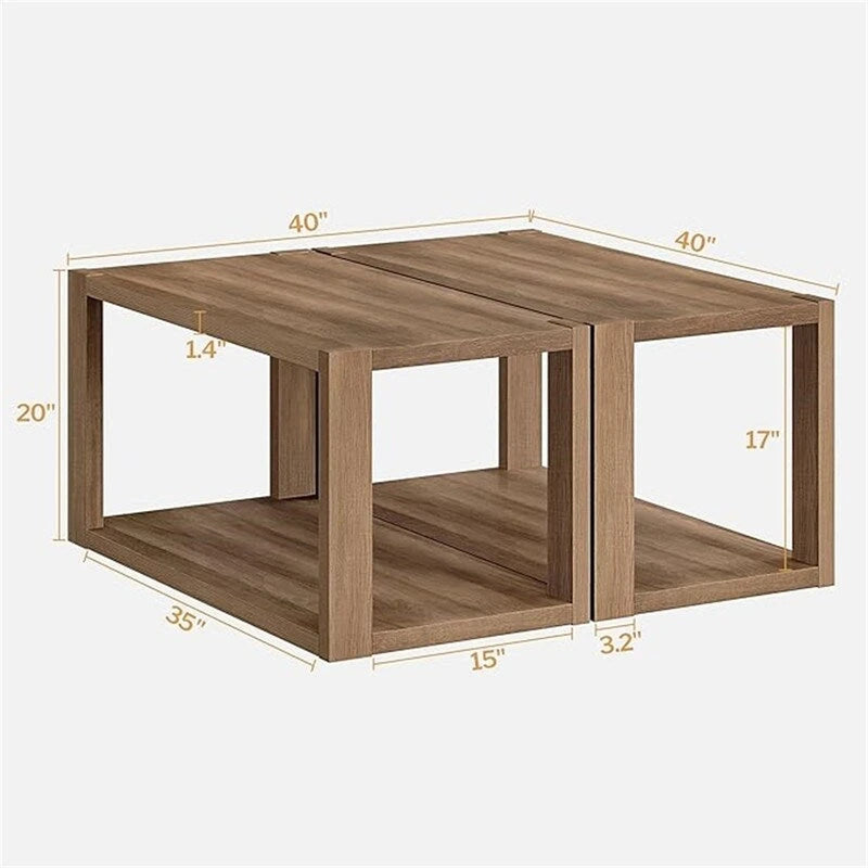 Table basse rectangulaire en bois de noyer à deux niveaux avec étagère de rangement inférieure