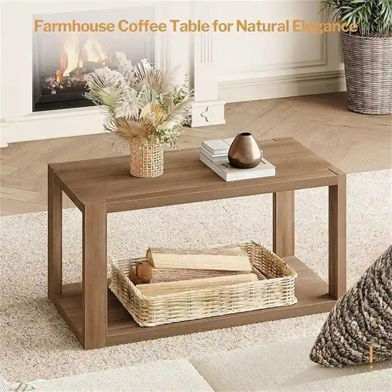Table basse rectangulaire en bois de noyer à deux niveaux avec étagère de rangement inférieure