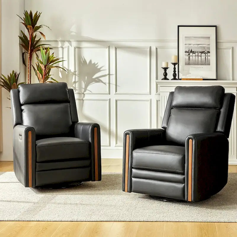 Fauteuil inclinable pivotant et motorisé en cuir véritable avec appuie-tête et repose-pieds réglables, accoudoirs en bois et port de chargement USB