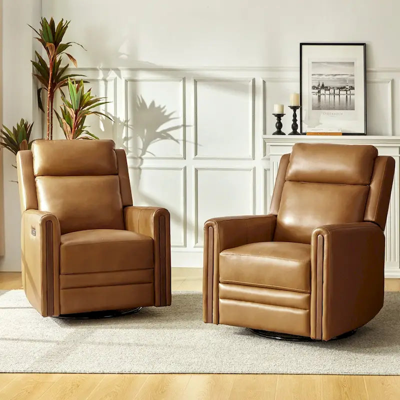 Fauteuil inclinable pivotant et motorisé en cuir véritable avec appuie-tête et repose-pieds réglables, accoudoirs en bois et port de chargement USB