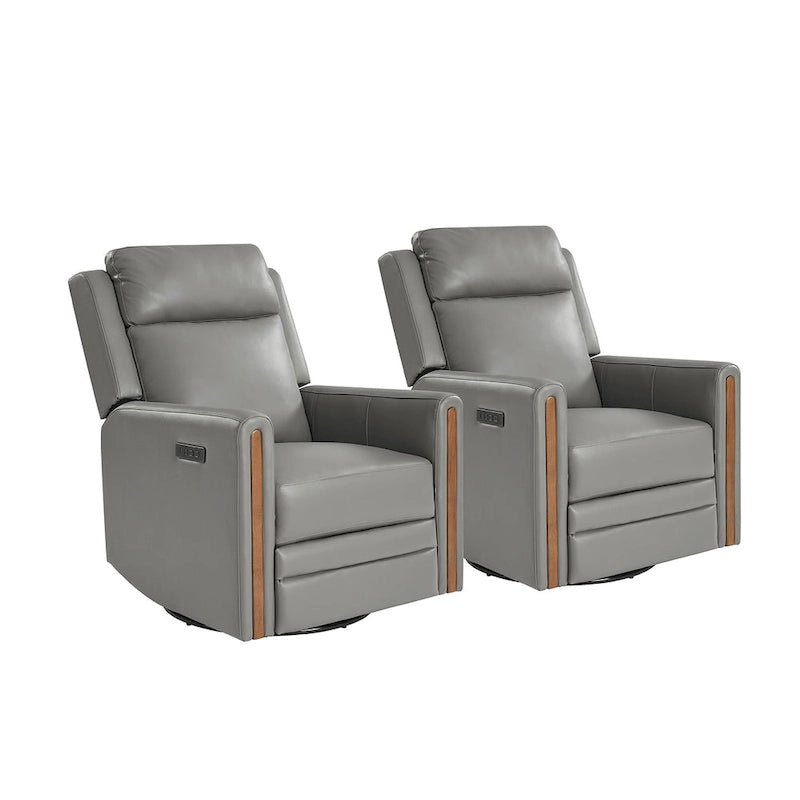 Fauteuil inclinable pivotant et motorisé en cuir véritable avec appuie-tête et repose-pieds réglables, accoudoirs en bois et port de chargement USB