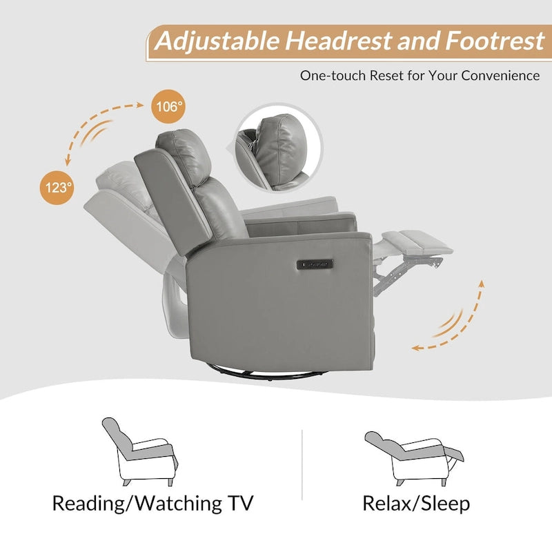 Fauteuil inclinable pivotant et motorisé en cuir véritable avec appuie-tête et repose-pieds réglables, accoudoirs en bois et port de chargement USB