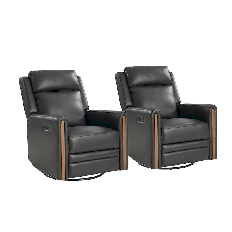 Fauteuil inclinable pivotant et motorisé en cuir véritable avec appuie-tête et repose-pieds réglables, accoudoirs en bois et port de chargement USB