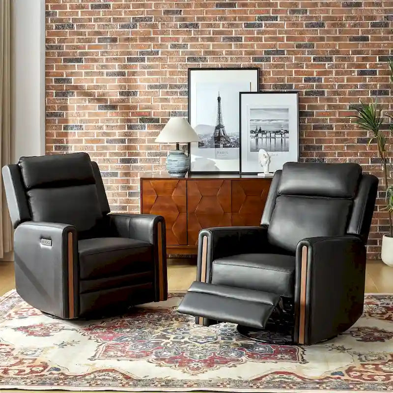 Fauteuil inclinable pivotant et motorisé en cuir véritable avec appuie-tête et repose-pieds réglables, accoudoirs en bois et port de chargement USB