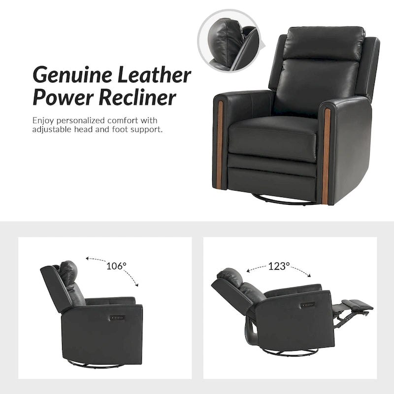 Fauteuil inclinable pivotant et motorisé en cuir véritable avec appuie-tête et repose-pieds réglables, accoudoirs en bois et port de chargement USB