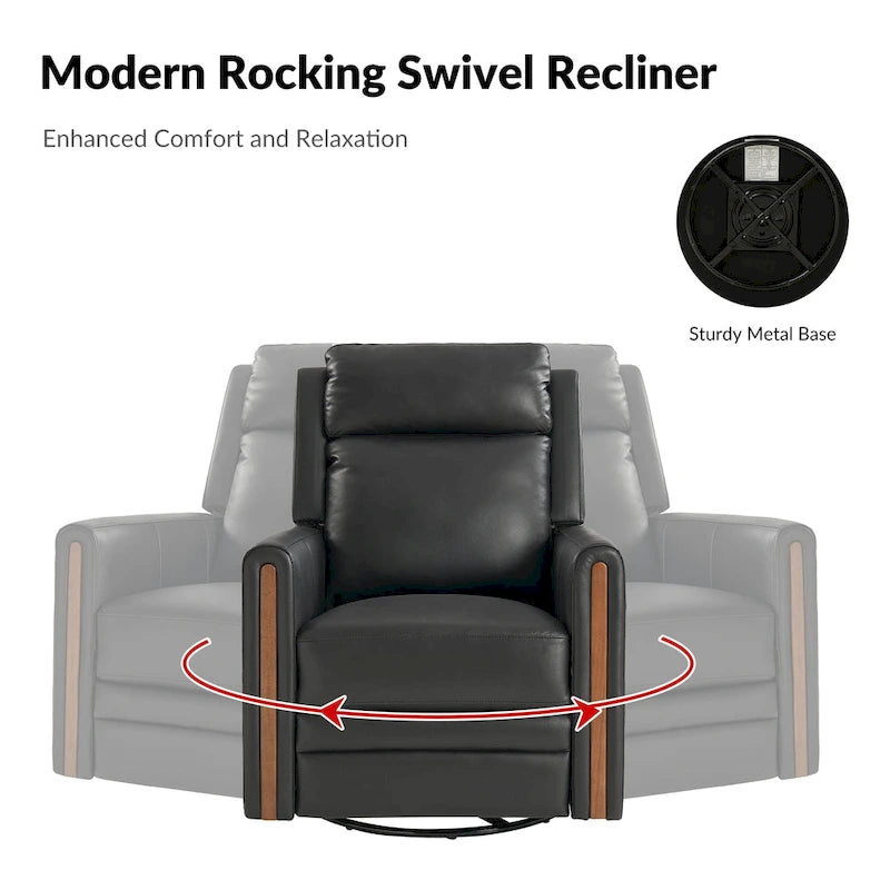 Fauteuil inclinable pivotant et motorisé en cuir véritable avec appuie-tête et repose-pieds réglables, accoudoirs en bois et port de chargement USB
