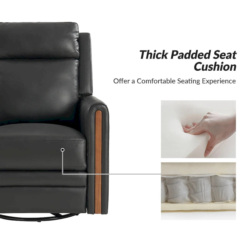 Fauteuil inclinable pivotant et motorisé en cuir véritable avec appuie-tête et repose-pieds réglables, accoudoirs en bois et port de chargement USB