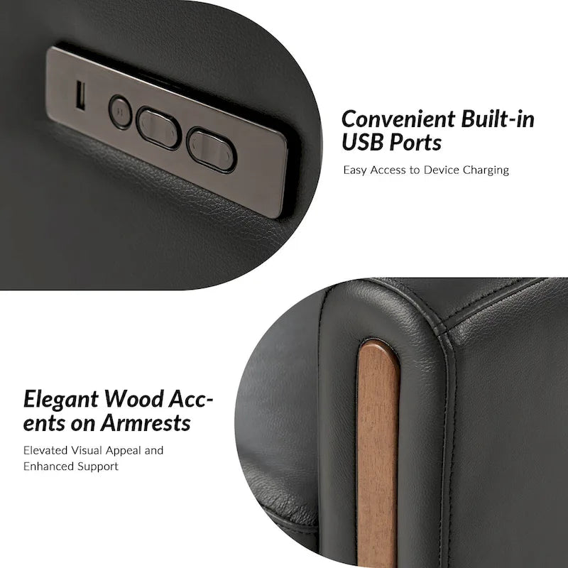 Fauteuil inclinable pivotant et motorisé en cuir véritable avec appuie-tête et repose-pieds réglables, accoudoirs en bois et port de chargement USB