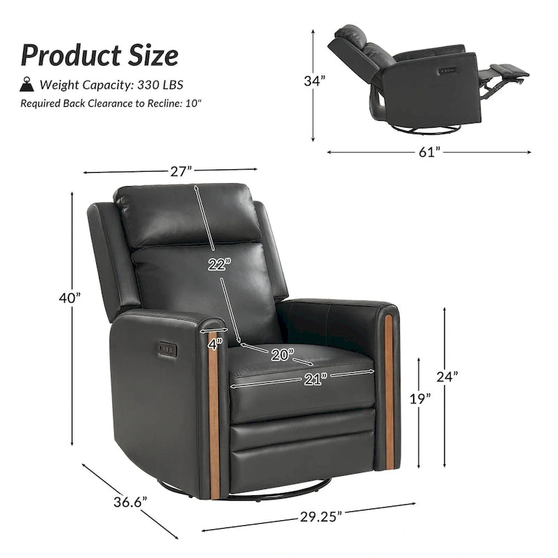 Fauteuil inclinable pivotant et motorisé en cuir véritable avec appuie-tête et repose-pieds réglables, accoudoirs en bois et port de chargement USB