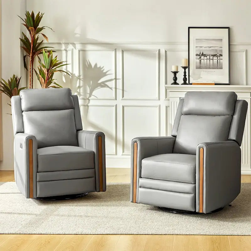 Fauteuil inclinable pivotant et motorisé en cuir véritable avec appuie-tête et repose-pieds réglables, accoudoirs en bois et port de chargement USB