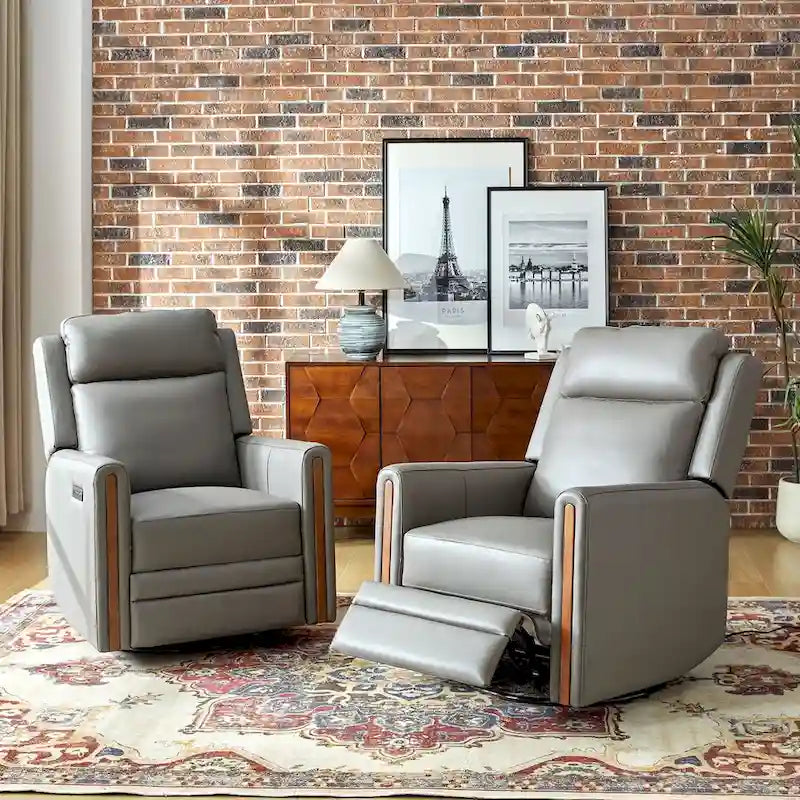 Fauteuil inclinable pivotant et motorisé en cuir véritable avec appuie-tête et repose-pieds réglables, accoudoirs en bois et port de chargement USB