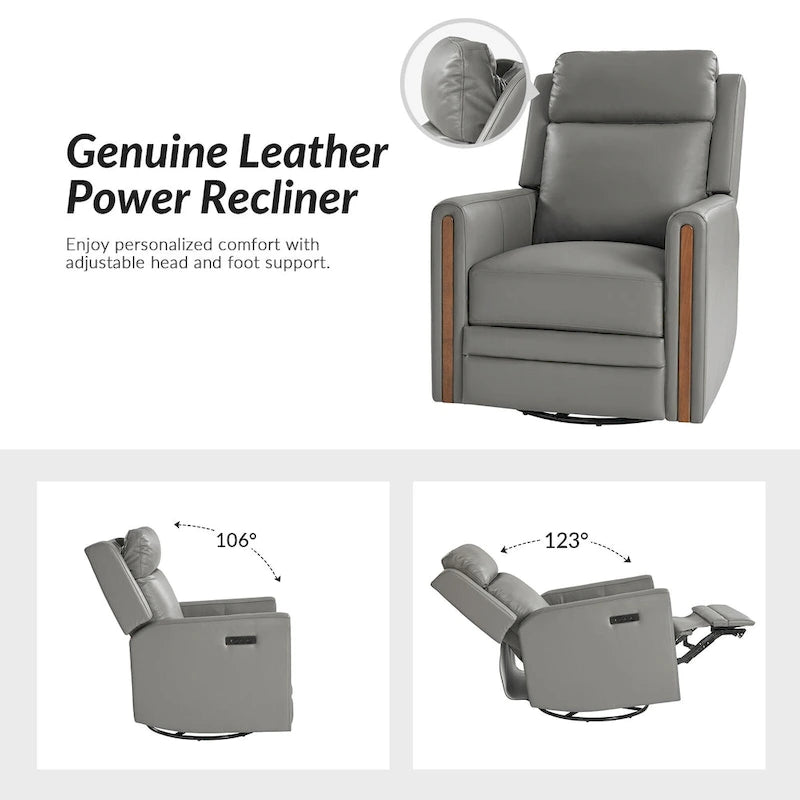Fauteuil inclinable pivotant et motorisé en cuir véritable avec appuie-tête et repose-pieds réglables, accoudoirs en bois et port de chargement USB