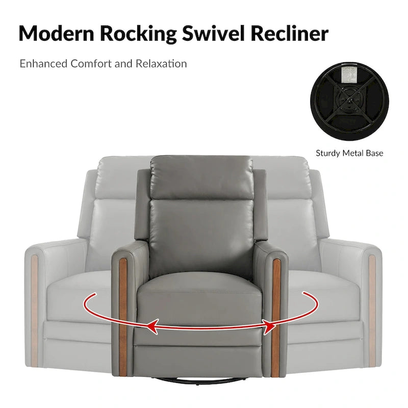 Fauteuil inclinable pivotant et motorisé en cuir véritable avec appuie-tête et repose-pieds réglables, accoudoirs en bois et port de chargement USB