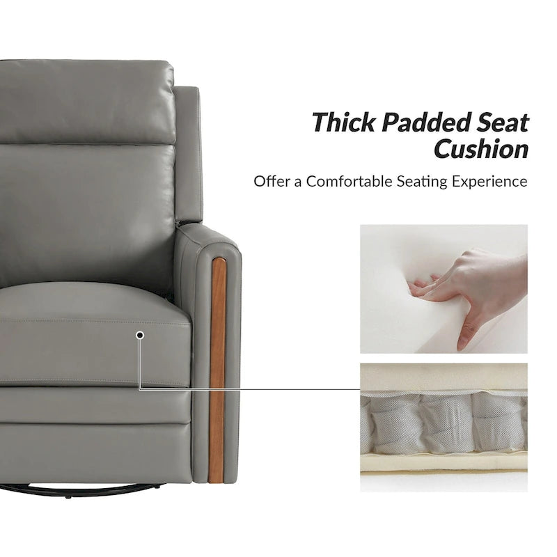 Fauteuil inclinable pivotant et motorisé en cuir véritable avec appuie-tête et repose-pieds réglables, accoudoirs en bois et port de chargement USB