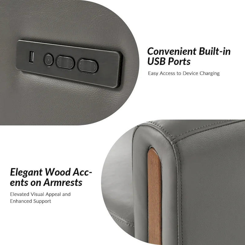 Fauteuil inclinable pivotant et motorisé en cuir véritable avec appuie-tête et repose-pieds réglables, accoudoirs en bois et port de chargement USB