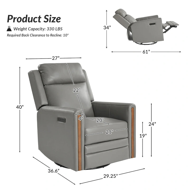 Fauteuil inclinable pivotant et motorisé en cuir véritable avec appuie-tête et repose-pieds réglables, accoudoirs en bois et port de chargement USB