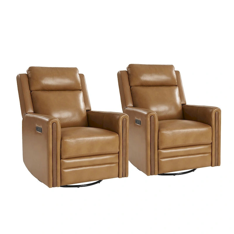 Fauteuil inclinable pivotant et motorisé en cuir véritable avec appuie-tête et repose-pieds réglables, accoudoirs en bois et port de chargement USB