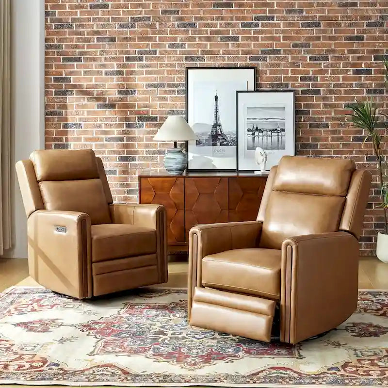 Fauteuil inclinable pivotant et motorisé en cuir véritable avec appuie-tête et repose-pieds réglables, accoudoirs en bois et port de chargement USB