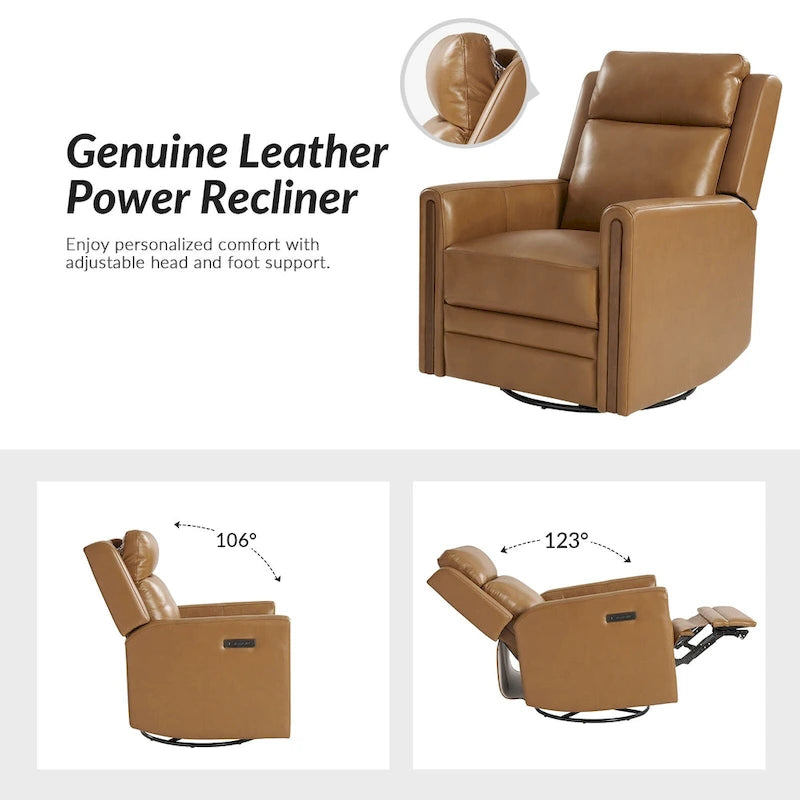Fauteuil inclinable pivotant et motorisé en cuir véritable avec appuie-tête et repose-pieds réglables, accoudoirs en bois et port de chargement USB