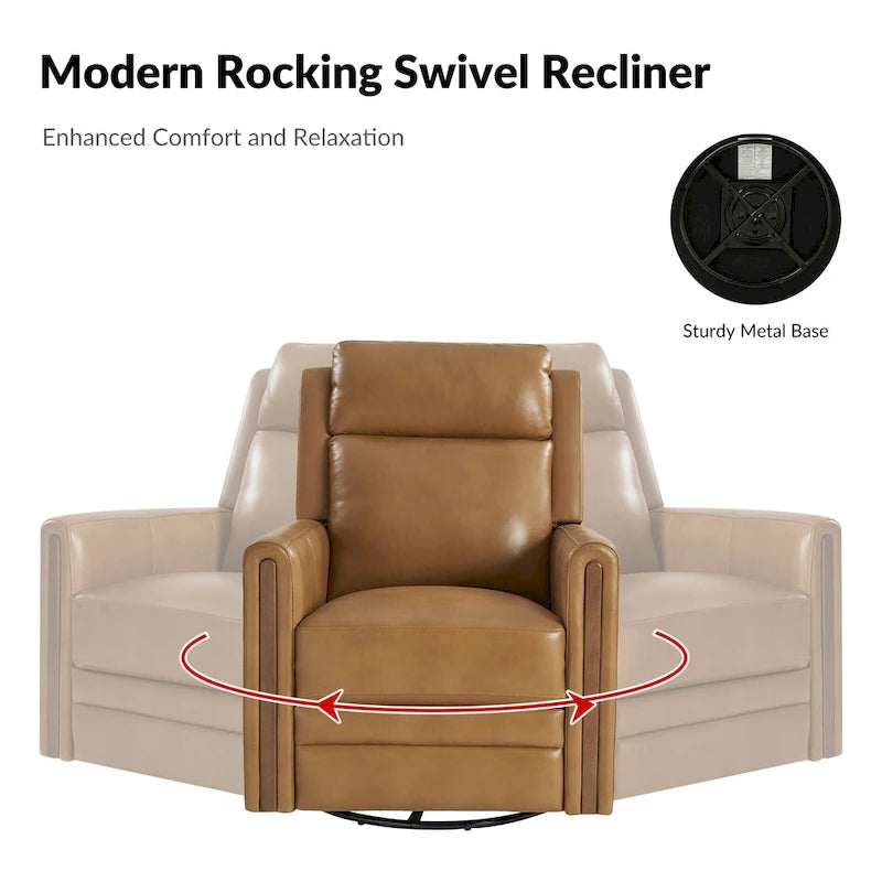 Fauteuil inclinable pivotant et motorisé en cuir véritable avec appuie-tête et repose-pieds réglables, accoudoirs en bois et port de chargement USB