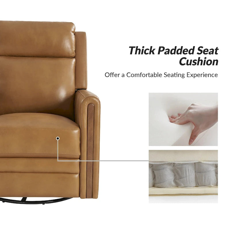 Fauteuil inclinable pivotant et motorisé en cuir véritable avec appuie-tête et repose-pieds réglables, accoudoirs en bois et port de chargement USB