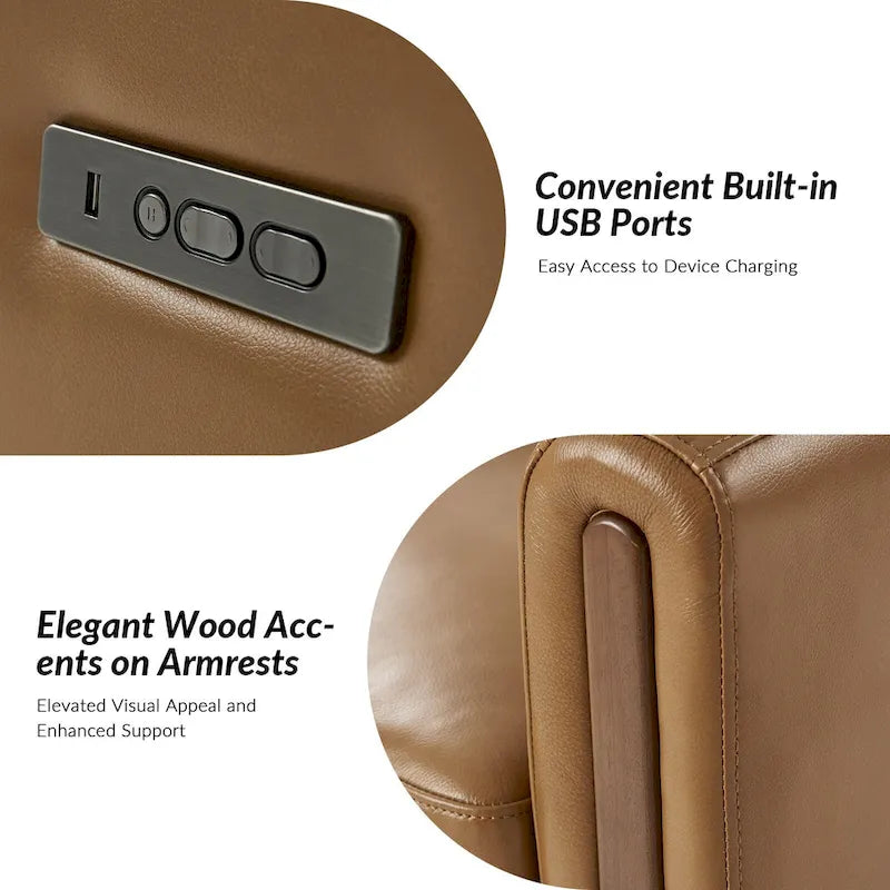 Fauteuil inclinable pivotant et motorisé en cuir véritable avec appuie-tête et repose-pieds réglables, accoudoirs en bois et port de chargement USB