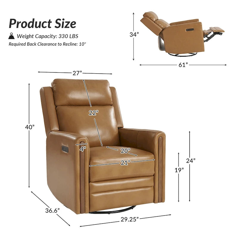 Fauteuil inclinable pivotant et motorisé en cuir véritable avec appuie-tête et repose-pieds réglables, accoudoirs en bois et port de chargement USB