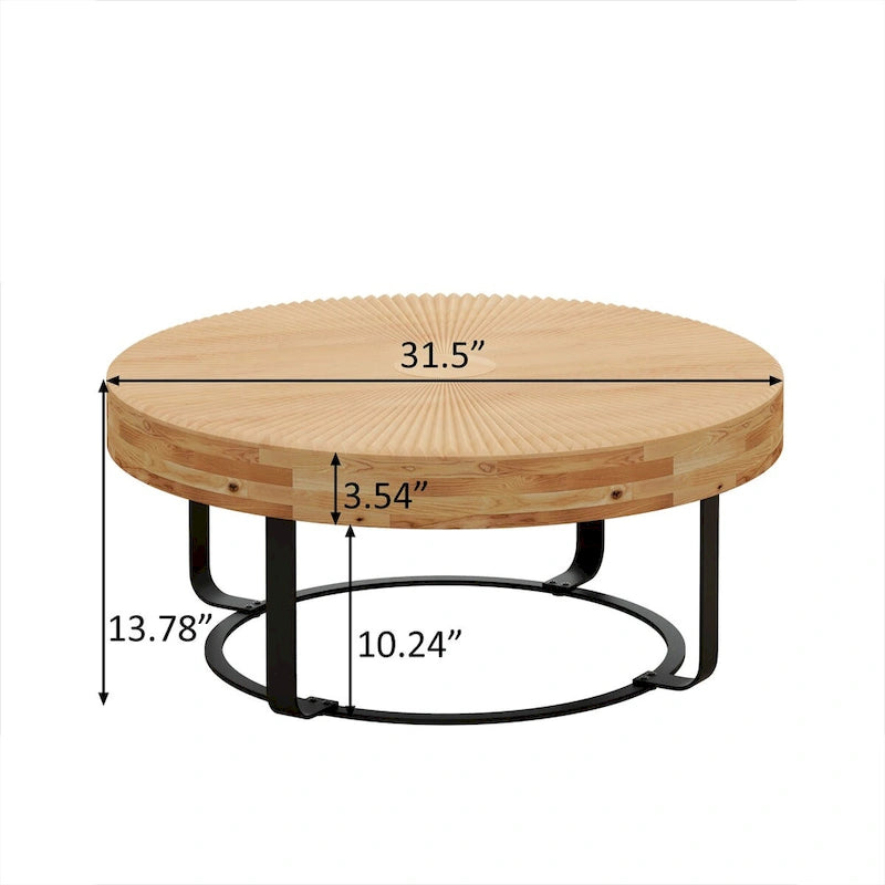 Table basse ronde en pin sculpté avec piètement en anneau en métal noir