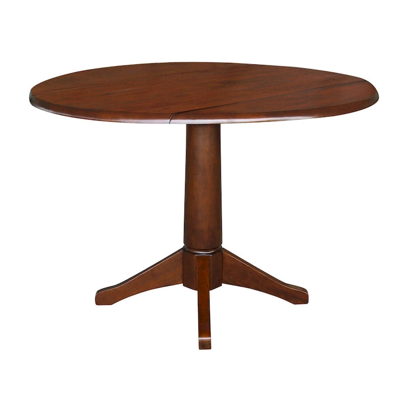 Table à manger ronde à deux rallonges sur pied en bois massif couleur expresso
