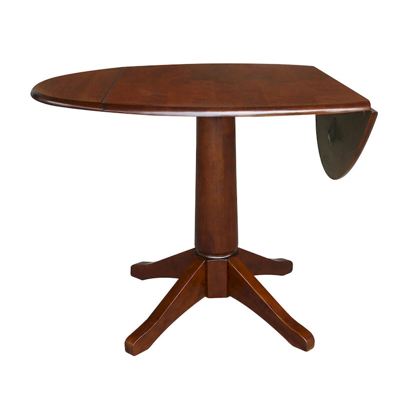 Table à manger ronde à deux rallonges sur pied en bois massif couleur expresso