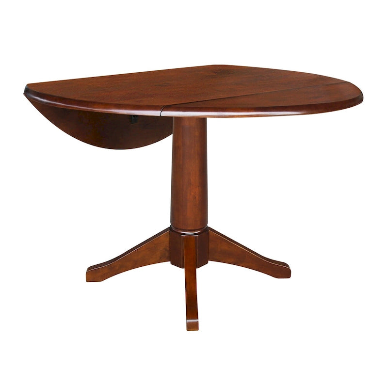 Table à manger ronde à deux rallonges sur pied en bois massif couleur expresso