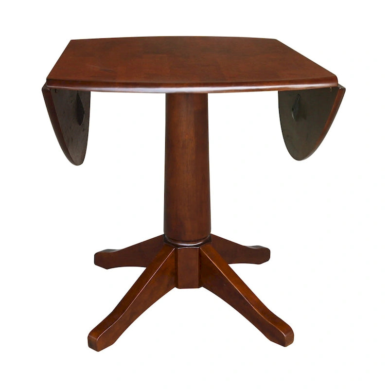 Table à manger ronde à deux rallonges sur pied en bois massif couleur expresso